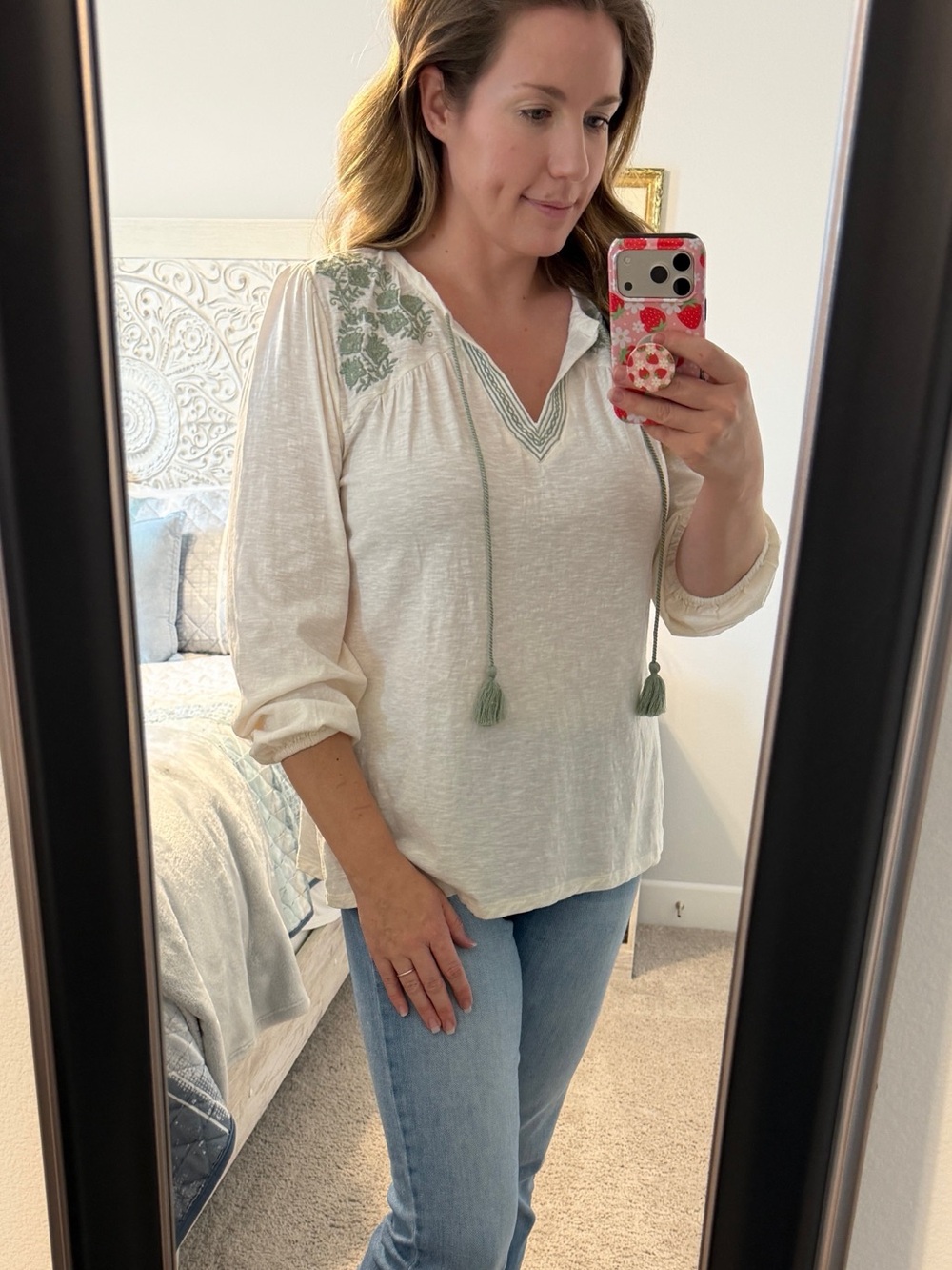 Lucky Brand Cream Peasant Blouse with Sage Embroidery